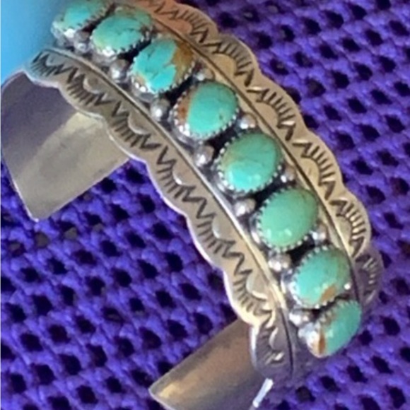 Navajo real turquoise and sterling silver cuff bracelet. Hand stamped. - Picture 8 of 10